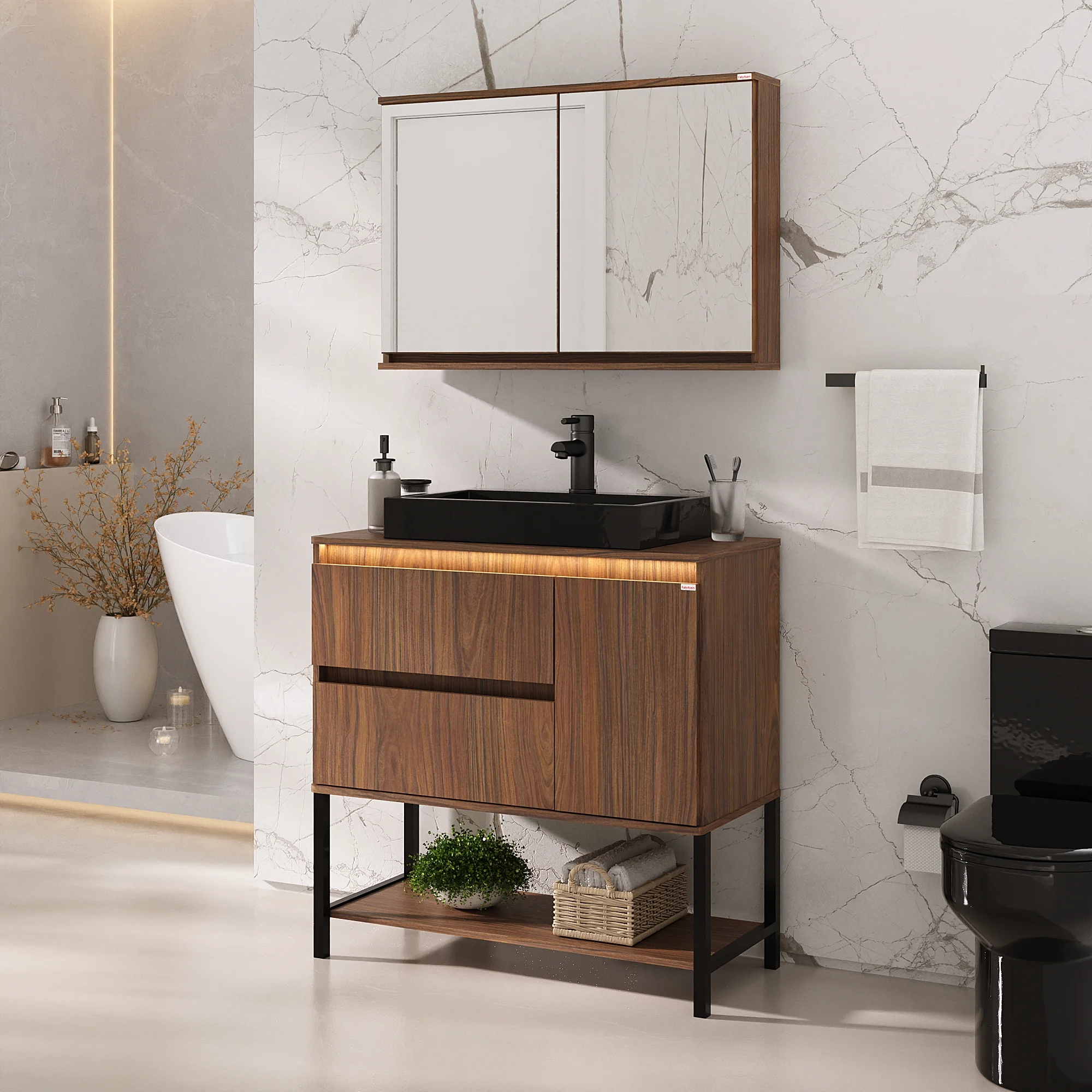 Conjunto de Banheiro Turim Aveiro/Marmore Nude Cuba Branca 80CM - Nexa
